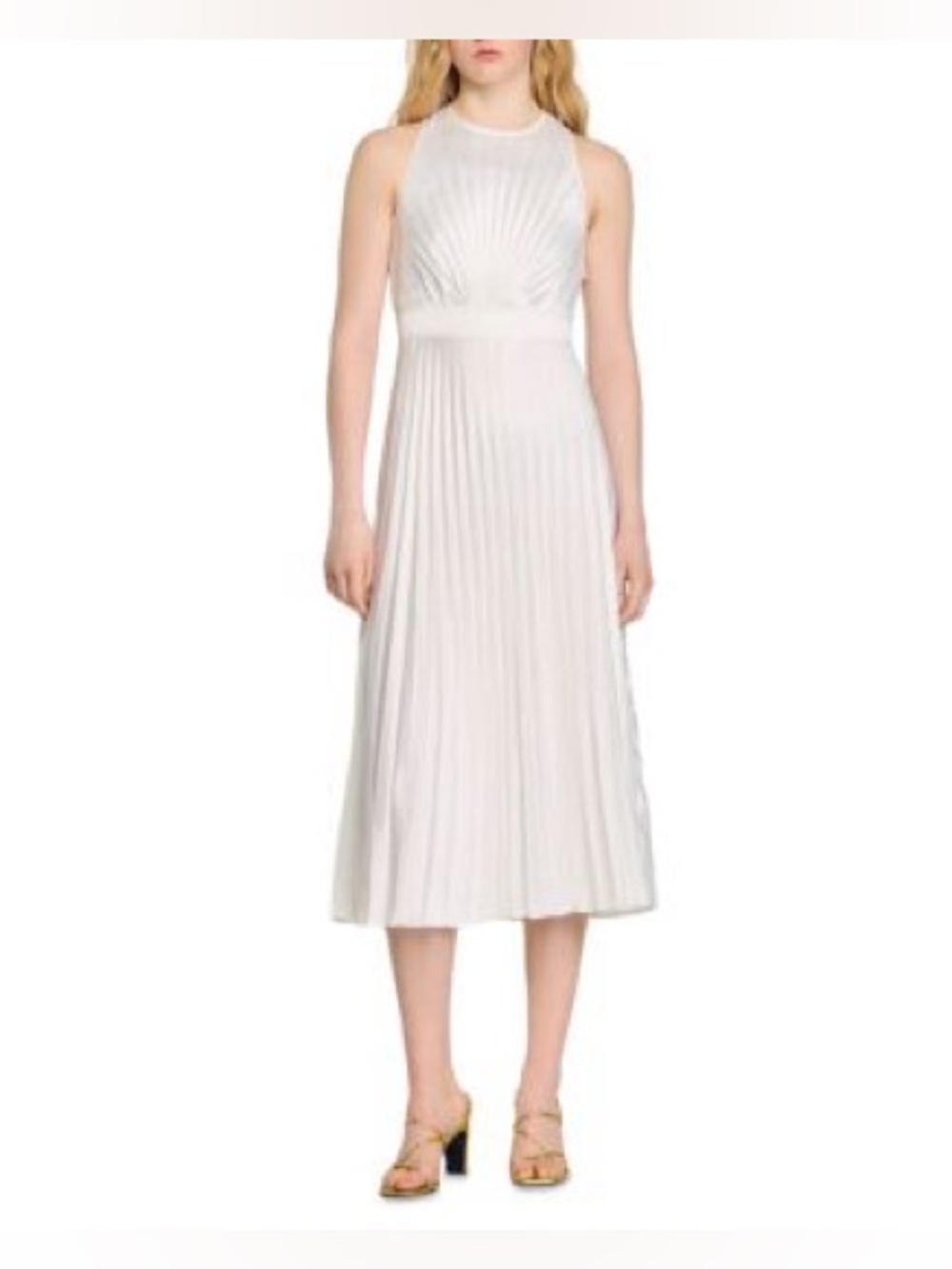 Sandro White Jolie Pleated Midi Dress